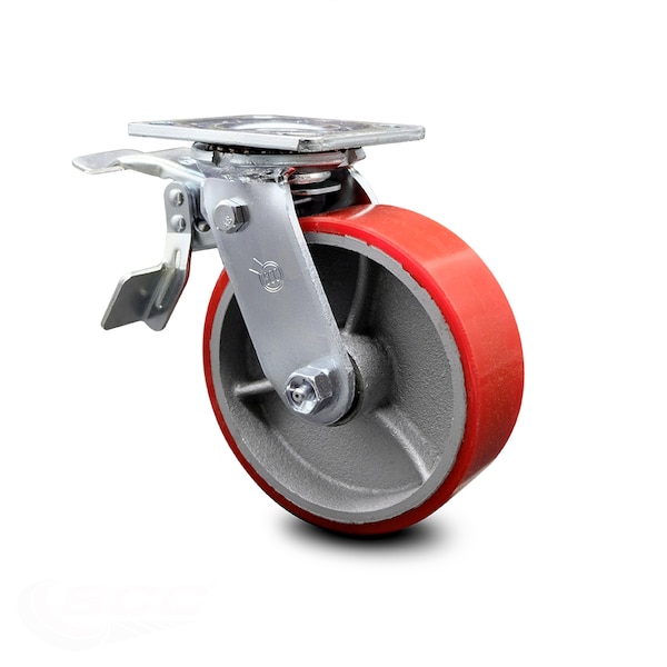 6 Inch Red Poly on Cast Iron Caster with Ball Bearing and Total Lock Brake SCC